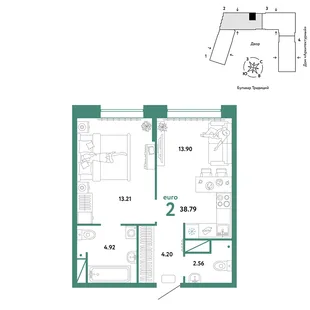 Планировка 2-комн. квартира, 38.79 м² ЖК «Микрорайон Домашний»