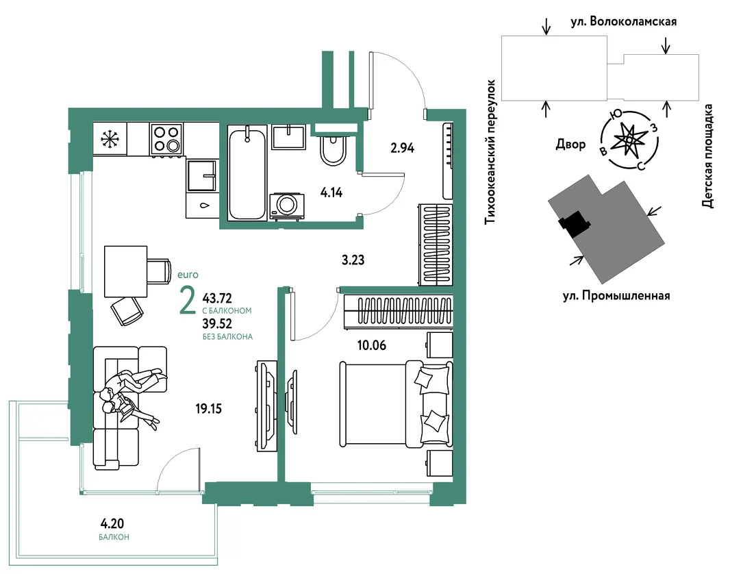 Планировка 2-комн. квартира, 43.72 м² ЖК «Страна Прибрежная»