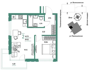 Планировка 2-комн. квартира, 43.72 м² ЖК «Страна Прибрежная»