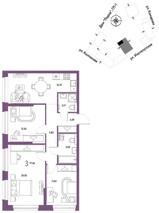Планировка 3-комн. квартира, 77.56 м² ЖК «Страна.Парковая»