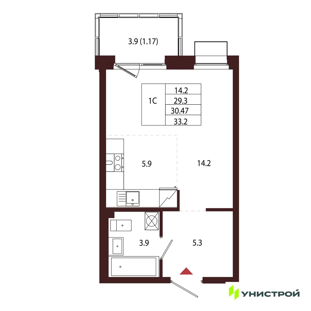 Планировка 1-комн. квартира, 30.47 м² ЖК «Лисино»