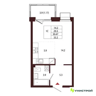 Планировка 1-комн. квартира, 30.47 м² ЖК «Лисино»