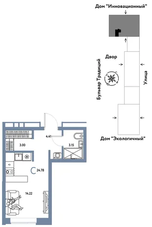 Планировка Студия, 24.78 м² ЖК «Микрорайон Домашний»