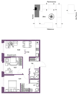 Планировка 3-комн. квартира, 57.18 м² ЖК «Европейский берег 2.0»