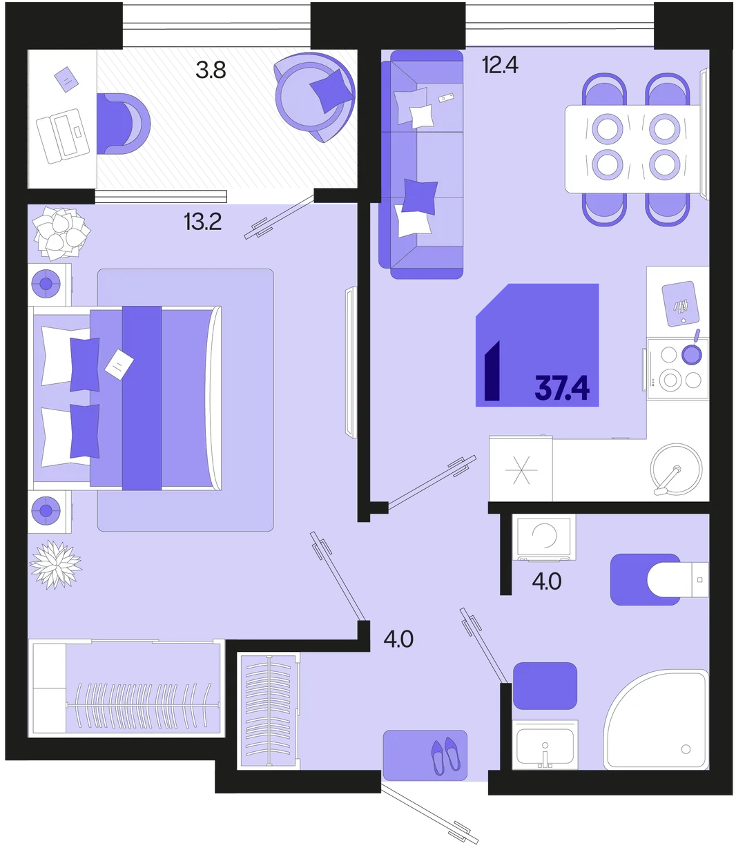 Планировка 1-комн. квартира, 37.4 м² ЖК «Первое место»
