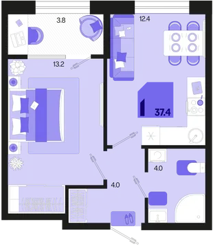 Планировка 1-комн. квартира, 37.4 м² ЖК «Первое место»
