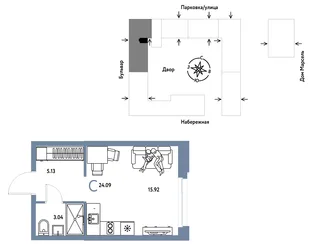 Планировка Студия, 24.09 м² ЖК «Европейский берег 2.0»