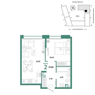 Планировка 2-комн. квартира, 37 м² ЖК «Микрорайон Домашний»