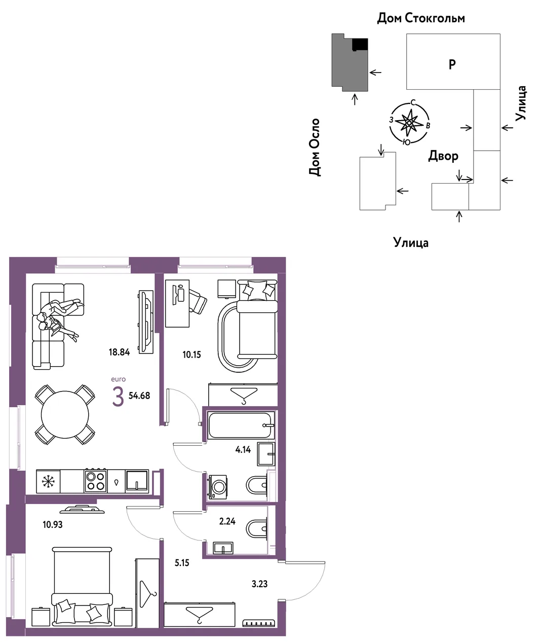 Планировка 3-комн. квартира, 54.7 м² ЖК «Европейский берег 2.0»