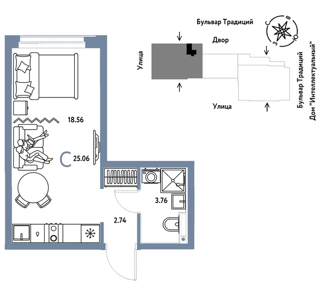 Планировка Студия, 25.06 м² ЖК «Микрорайон Домашний»