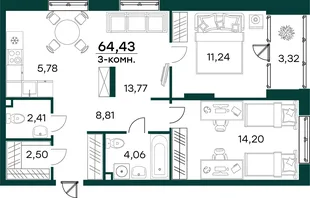 Квартира 3-комн. квартира, 64.43 м² ЖК «Аквамарин 2» Фото 2 Квартира 3-комн. квартира, 64.43 м² ЖК «Аквамарин 2» Фото 2