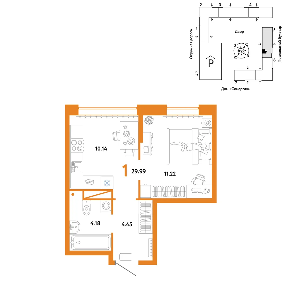 Планировка 1-комн. квартира, 29.99 м² ЖК «Юнион»
