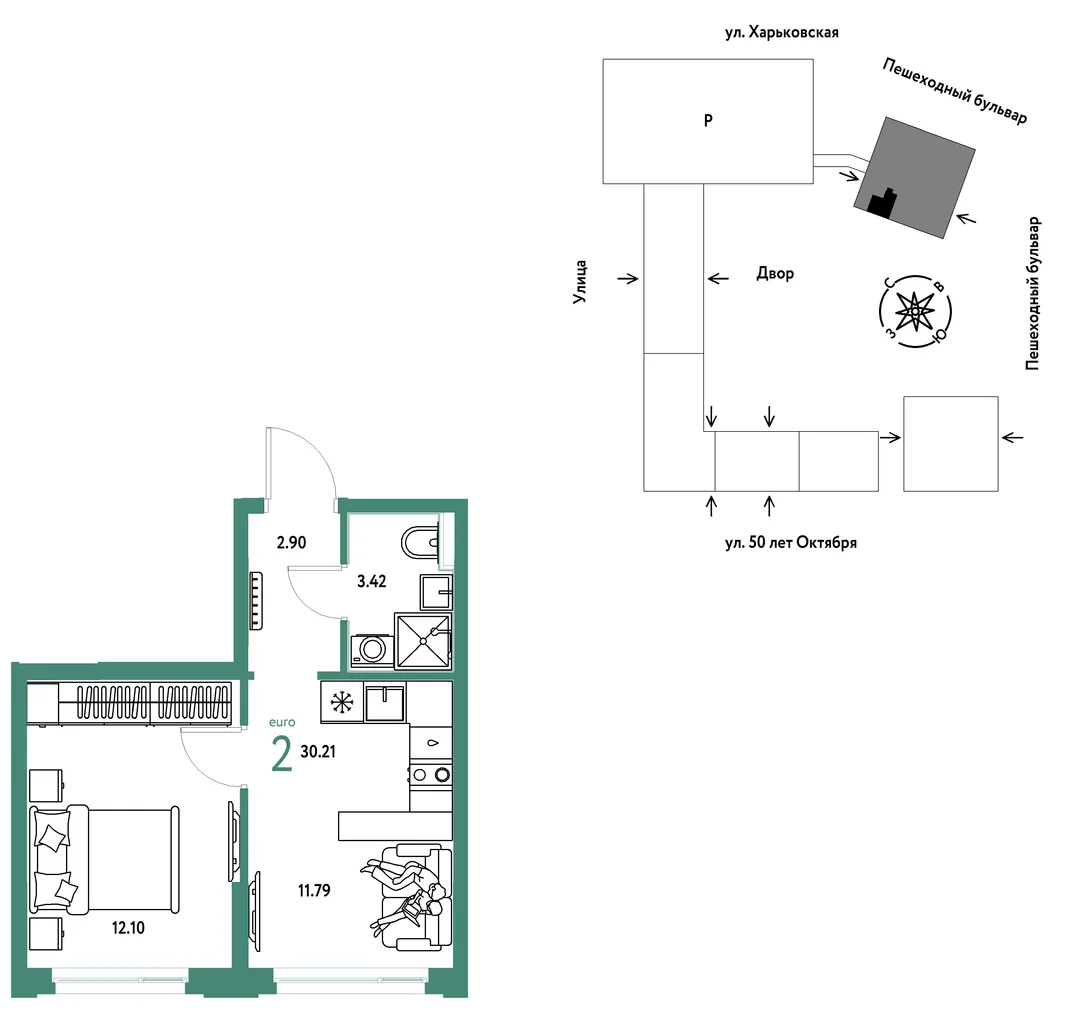 Планировка 2-комн. квартира, 30.21 м² ЖК «Сердце Сибири»