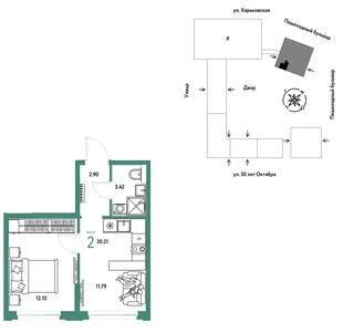 Планировка 2-комн. квартира, 30.21 м² ЖК «Сердце Сибири»