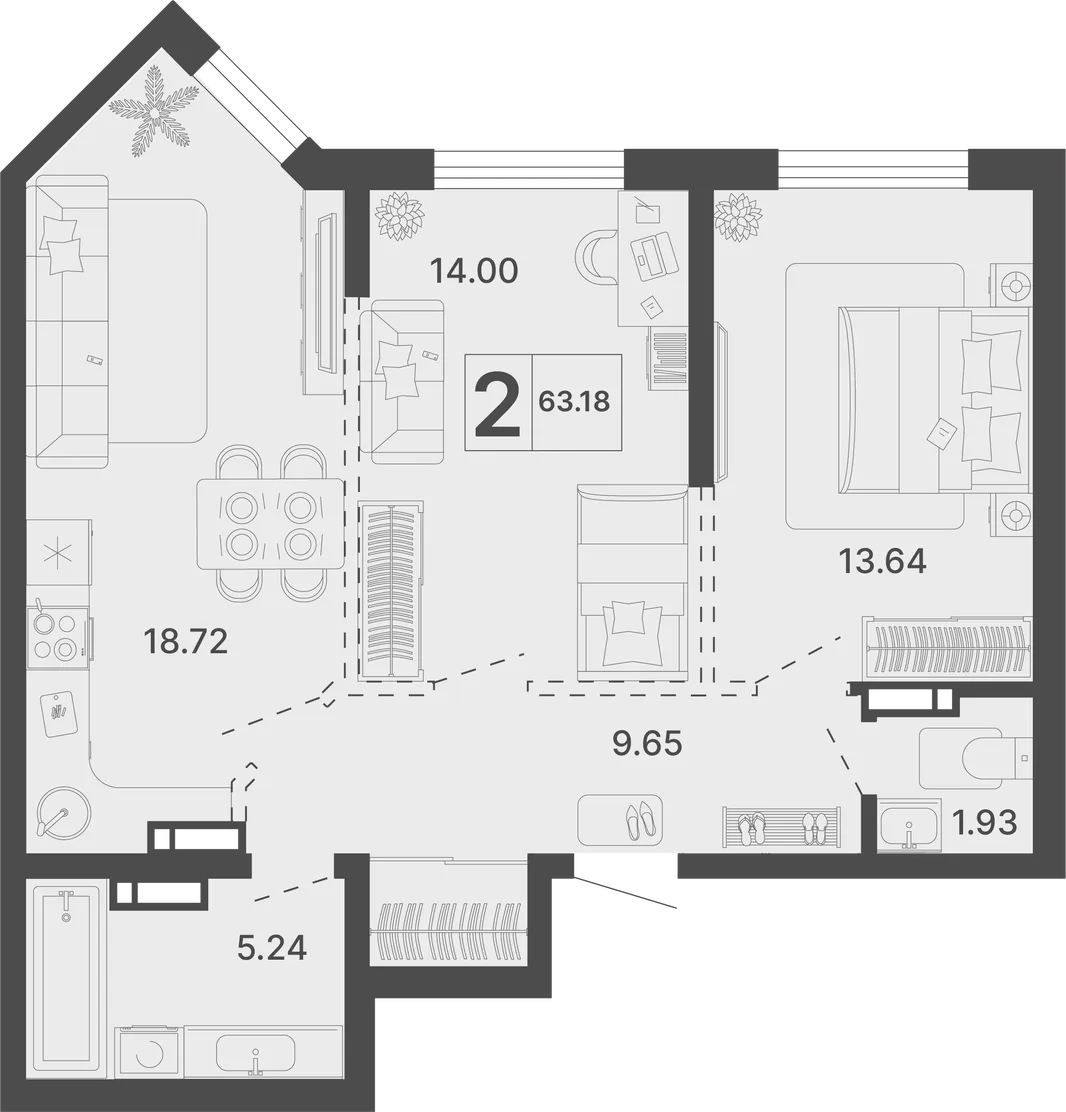 Планировка 2-комн. квартира, 63.18 м² ЖК «Светский лес»