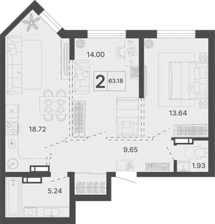 Планировка 2-комн. квартира, 63.18 м² ЖК «Светский лес»
