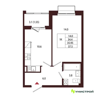 Планировка 1-комн. квартира, 35.95 м² ЖК «Лисино»