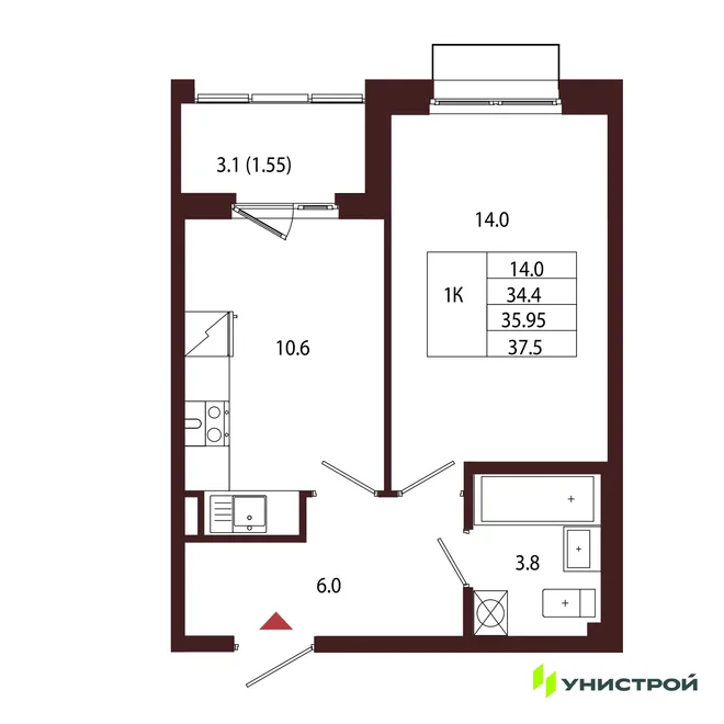Планировка 1-комн. квартира, 35.95 м² ЖК «Лисино» Планировка 1-комн. квартира, 35.95 м² ЖК «Лисино»