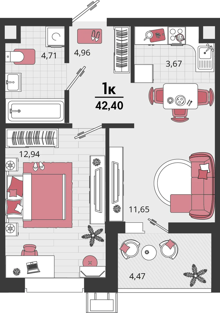 Планировка 2-комн. квартира, 42.4 м² ЖК «Родные просторы»