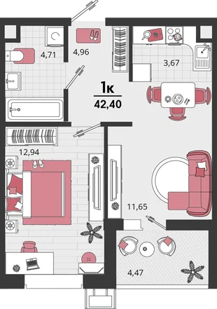 Планировка 2-комн. квартира, 42.4 м² ЖК «Родные просторы»