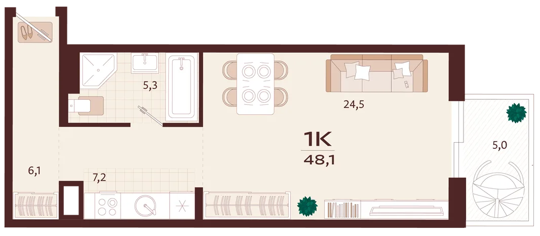 Планировка 1-комн. квартира, 48.1 м² ЖК «Роялта»