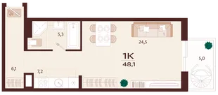 Планировка 1-комн. квартира, 48.1 м² ЖК «Роялта»