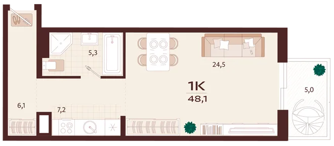 Планировка 1-комн. квартира, 48.1 м² ЖК «Роялта» Планировка 1-комн. квартира, 48.1 м² ЖК «Роялта»