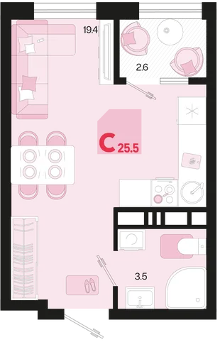 Планировка Студия, 25.5 м² ЖК «Первое место»