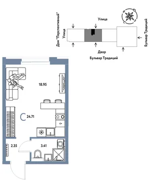 Планировка Студия, 24.71 м² ЖК «Микрорайон Домашний»