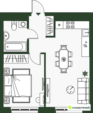 Планировка 1-комн. квартира, 39.13 м² ЖК «Парковый квартал 2.0»