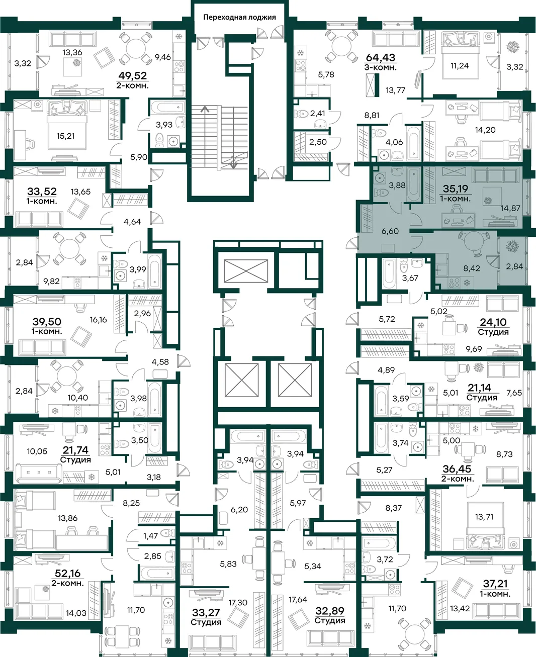 Планировка 1-комн. квартира, 35.19 м² ЖК «Аквамарин 2»