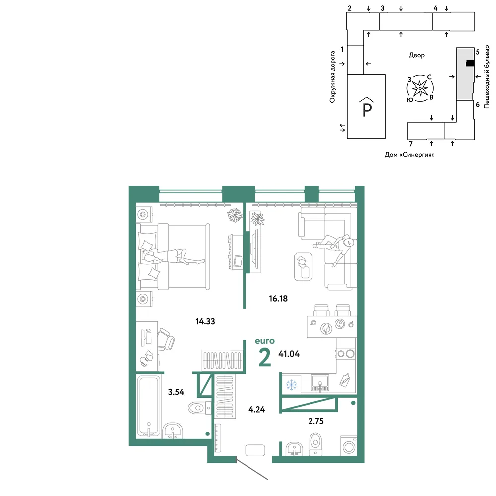 Планировка 2-комн. квартира, 41.04 м² ЖК «Юнион»