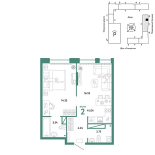 Планировка 2-комн. квартира, 41.04 м² ЖК «Юнион»
