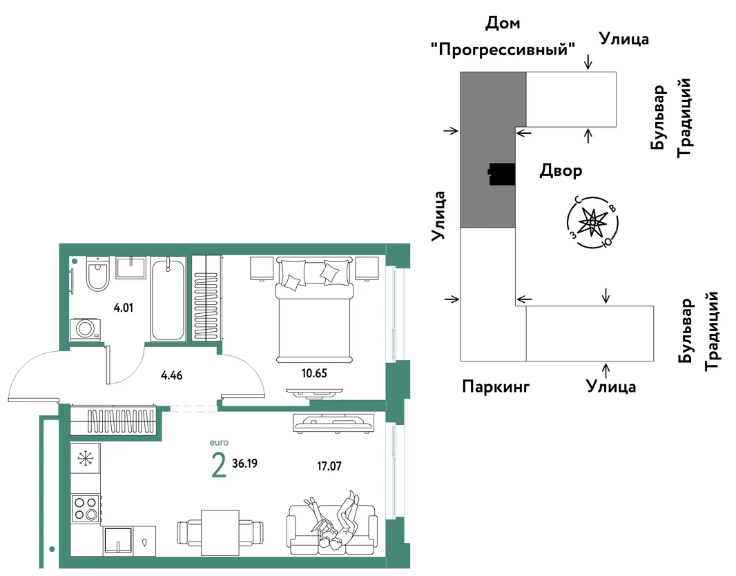 Планировка 2-комн. квартира, 36.19 м² ЖК «Микрорайон Домашний»
