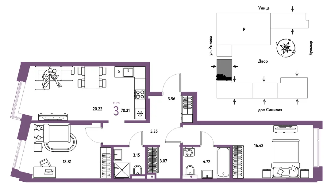 Планировка 3-комн. квартира, 70.31 м² ЖК «Остров-сад»