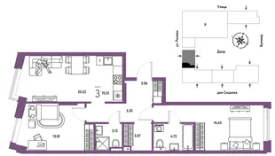 Планировка 3-комн. квартира, 70.31 м² ЖК «Остров-сад»