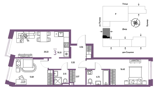 Планировка 3-комн. квартира, 70.31 м² ЖК «Остров-сад» Планировка 3-комн. квартира, 70.31 м² ЖК «Остров-сад»