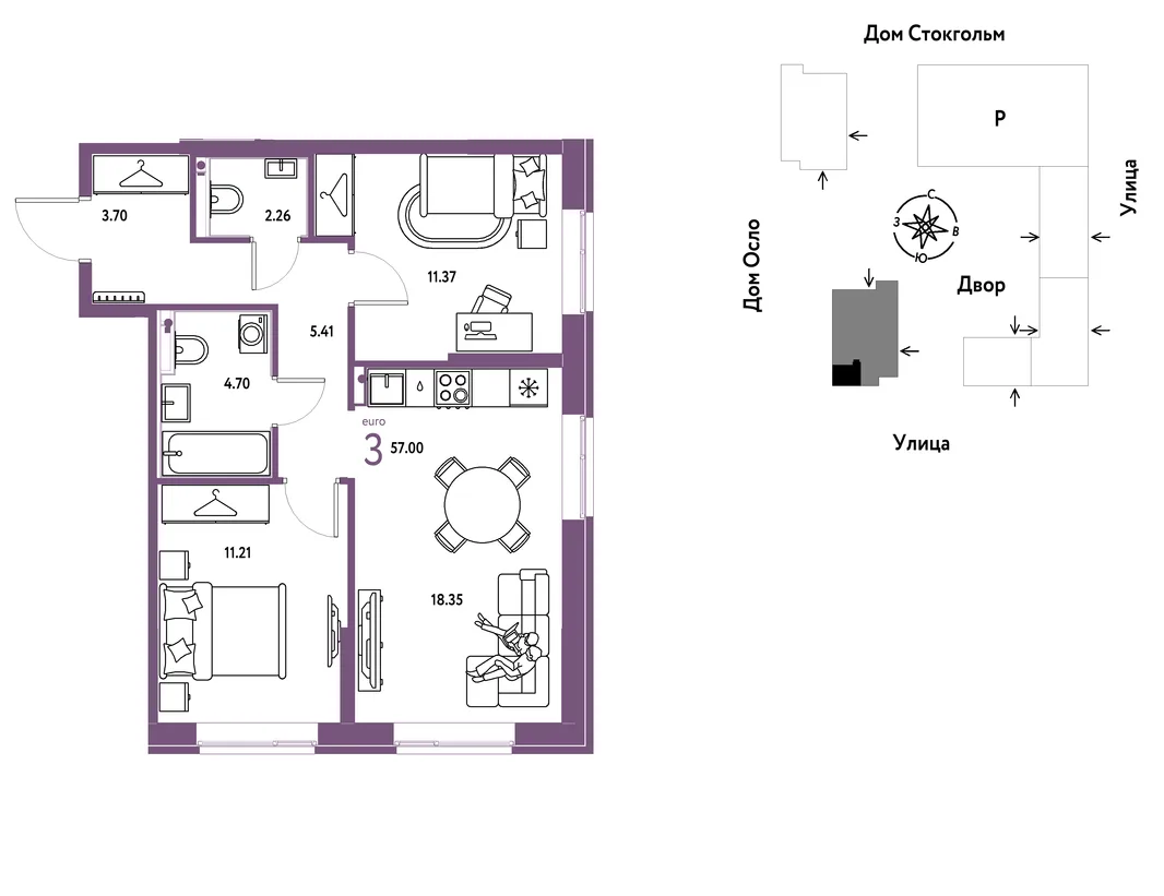 Планировка 3-комн. квартира, 57 м² ЖК «Европейский берег 2.0»