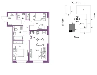 Планировка 3-комн. квартира, 57 м² ЖК «Европейский берег 2.0»
