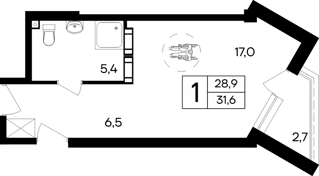 Планировка 1-комн. квартира, 31.6 м² Апарт-отель «Cosmos Smart Евпатория»