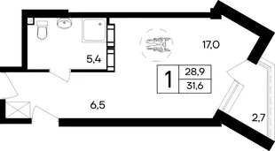 Планировка 1-комн. квартира, 31.6 м² Апарт-отель «Cosmos Smart Евпатория»