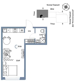 Планировка Студия, 29.26 м² ЖК «Микрорайон Домашний»