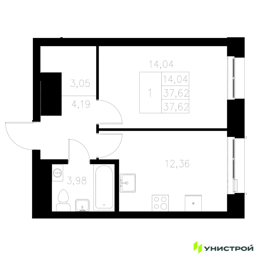 Планировка 1-комн. квартира, 37.62 м² ЖК «Statum»
