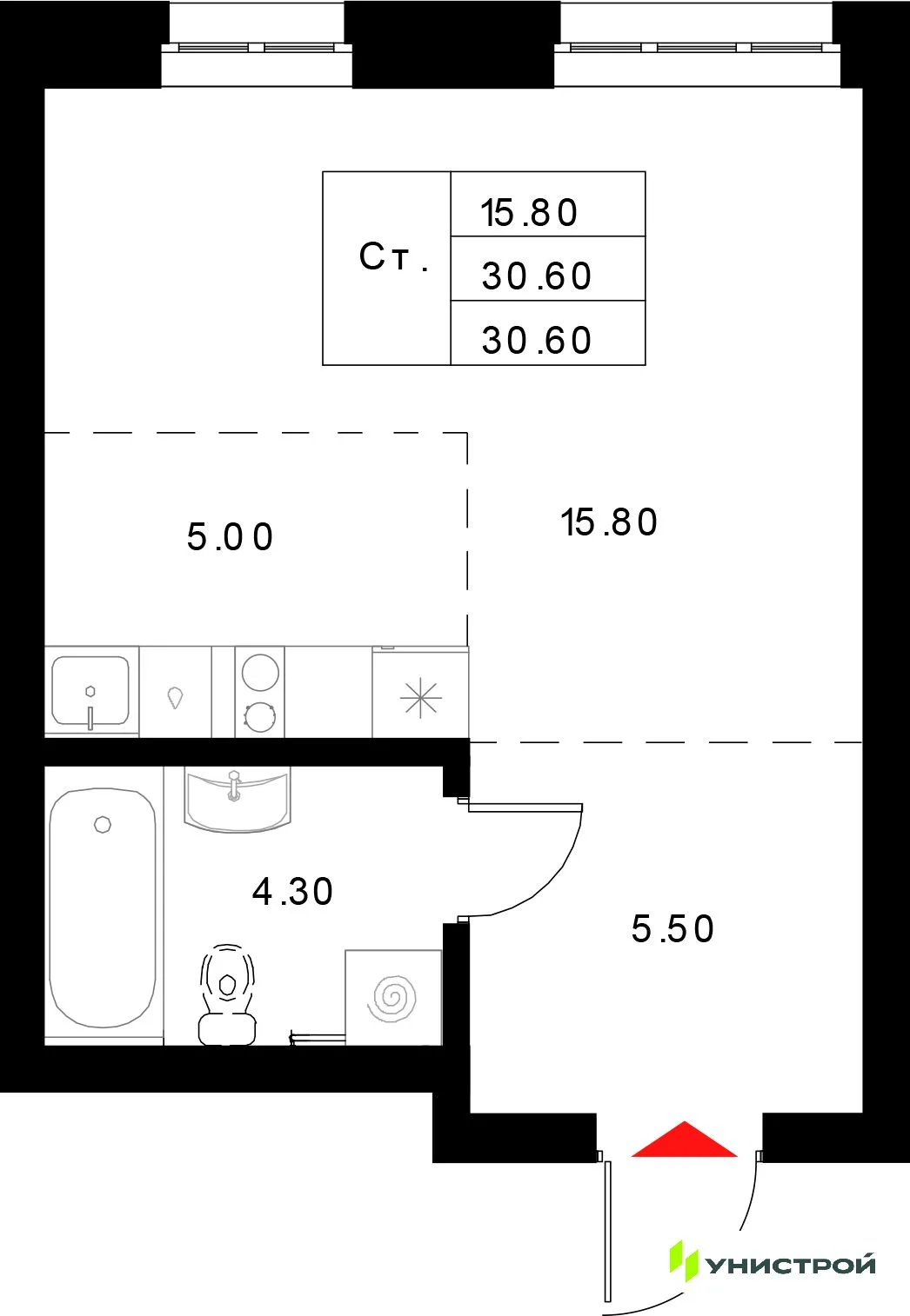 Планировка 1-комн. квартира, 30.6 м² ЖК «Уникод на Технической»