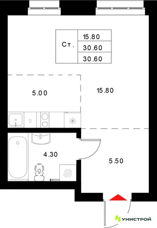 Планировка 1-комн. квартира, 30.6 м² ЖК «Уникод на Технической»