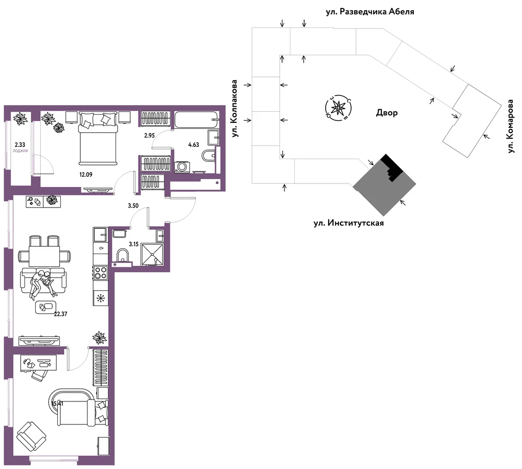 Планировка 3-комн. квартира, 66.43 м² ЖК «Страна.Парковая»
