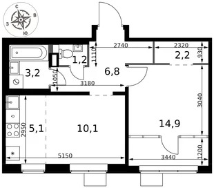 Планировка 2-комн. квартира, 43.5 м² ЖК «1-й Химкинский»