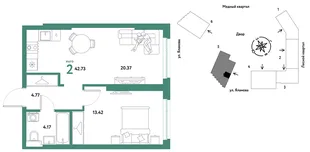 Планировка 2-комн. квартира, 42.73 м² ЖК «Сибирский сад»