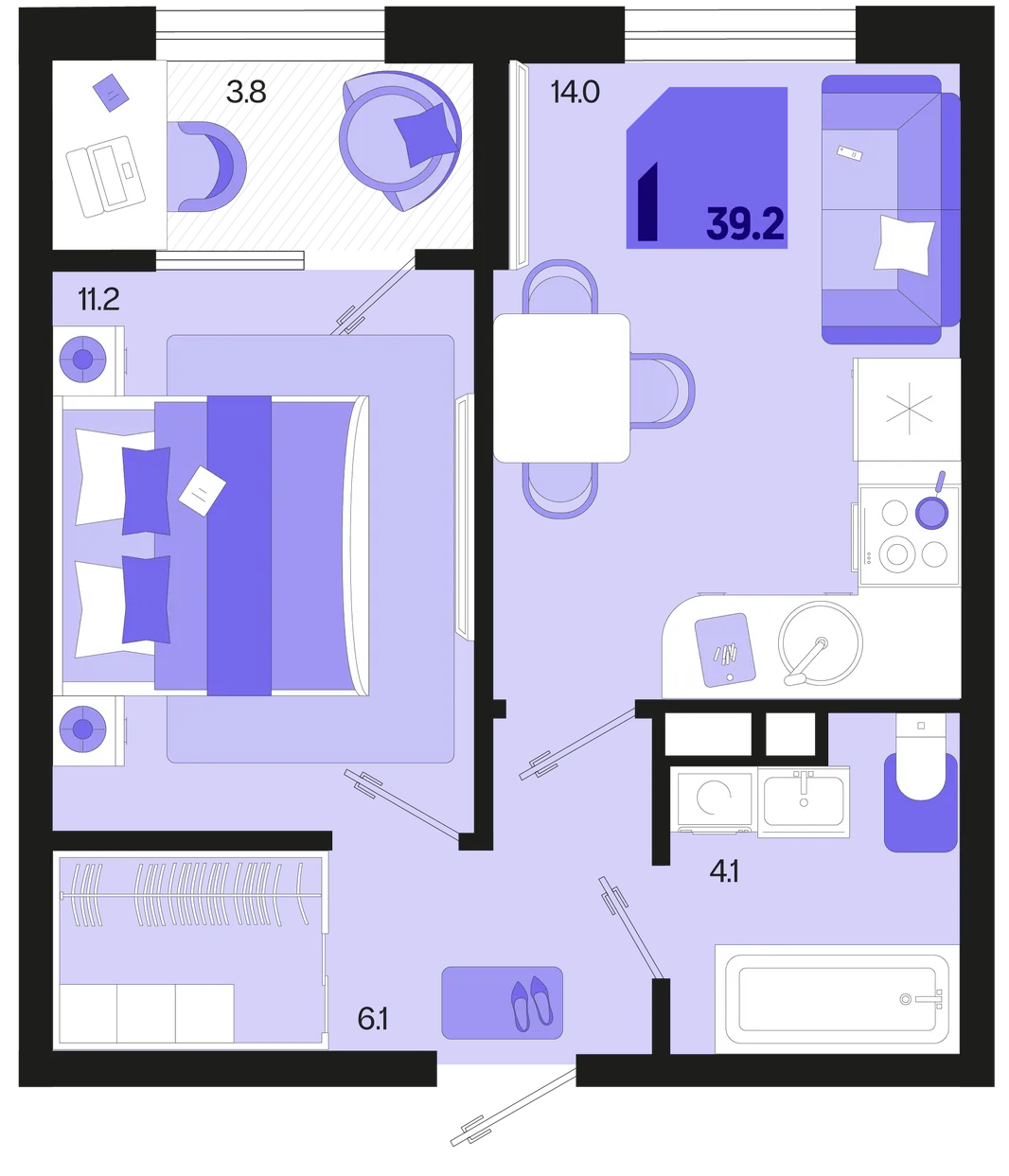 Планировка 1-комн. квартира, 39.2 м² ЖК «Первое место»