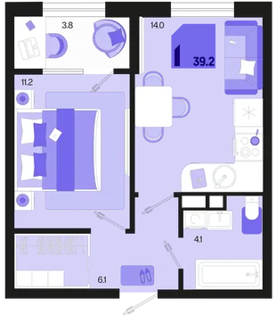 Планировка 1-комн. квартира, 39.2 м² ЖК «Первое место»